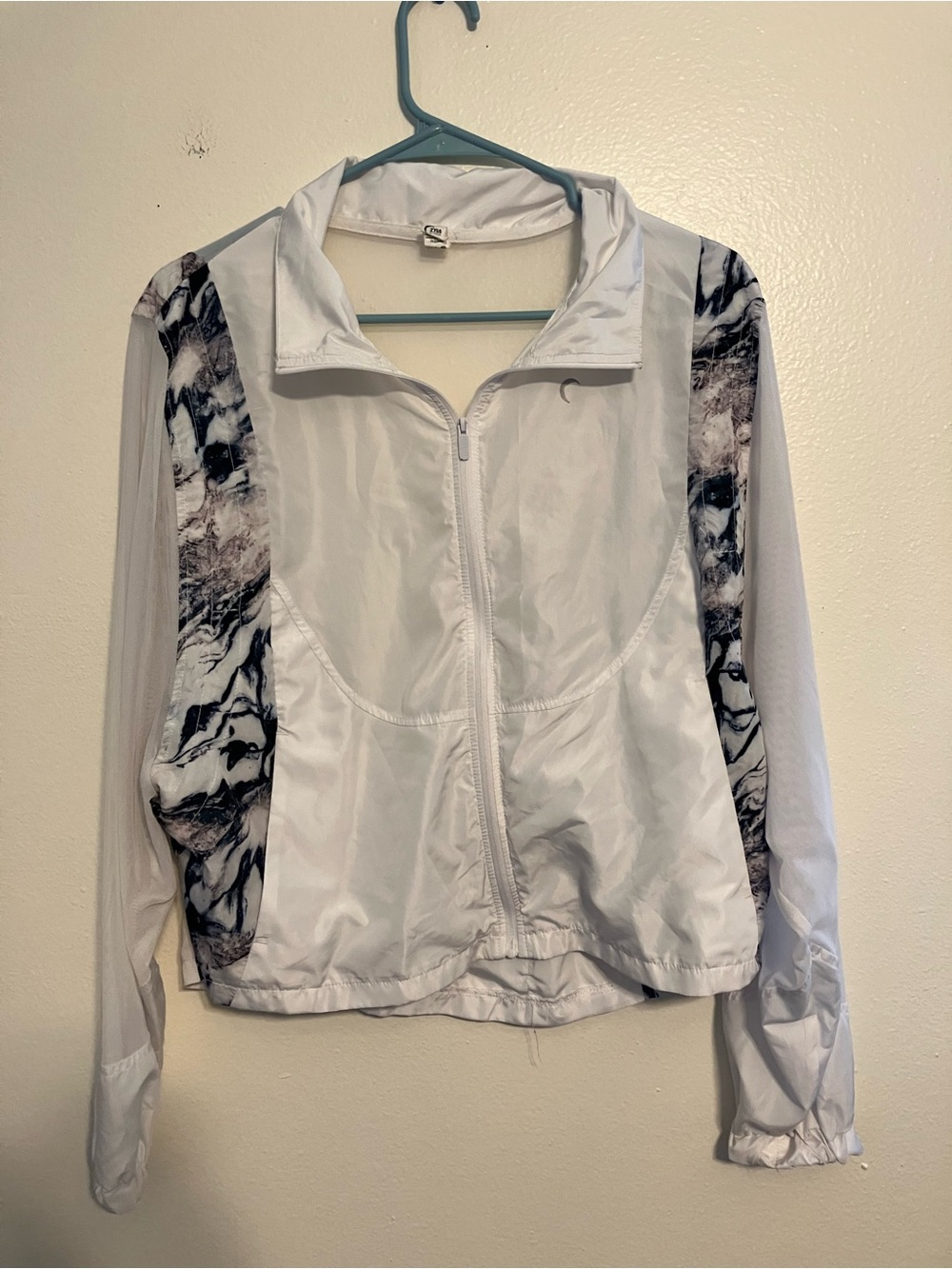 ZYIA White Bomber Jacket with Black Marble Side Panels